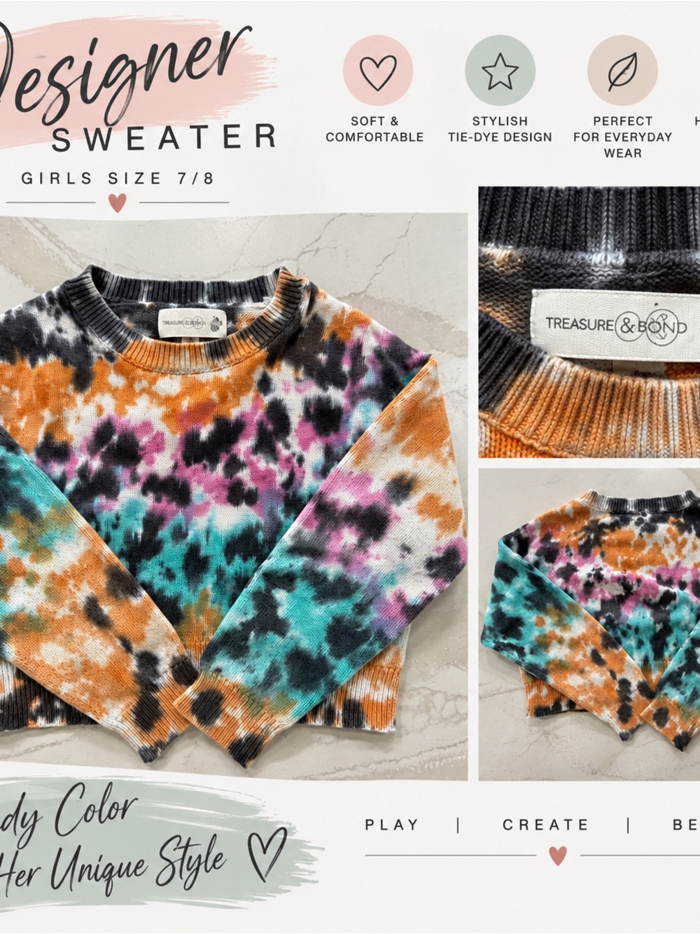 Treasure & Bond Girls' Tie-Dye Crewneck Sweater - Multicolor